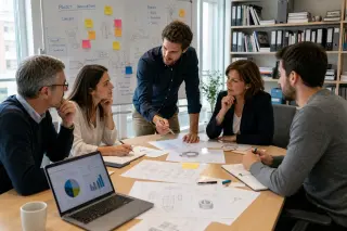 Salle de réunion moderne où cinq personnes discutent autour d'une table, avec un ordinateur, des schémas et un tableau blanc rempli de notes en arrière-plan