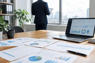 Modern office desk with business charts and laptop, businessperson reviewing documents by bright window, natural light ambiance.